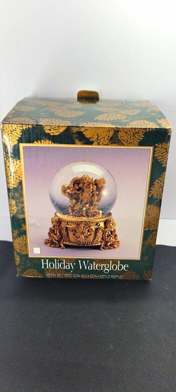 Holiday Waterglobe Angel Musical Snow Globe Gold 7in Glass Round w/ Box